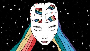 Abstract Illustration Of A Queer Woman's Face With Her Eyes Closed And Rainbow Colored Hair And Head Scarf With A Star Background Signifying Queer Loneliness