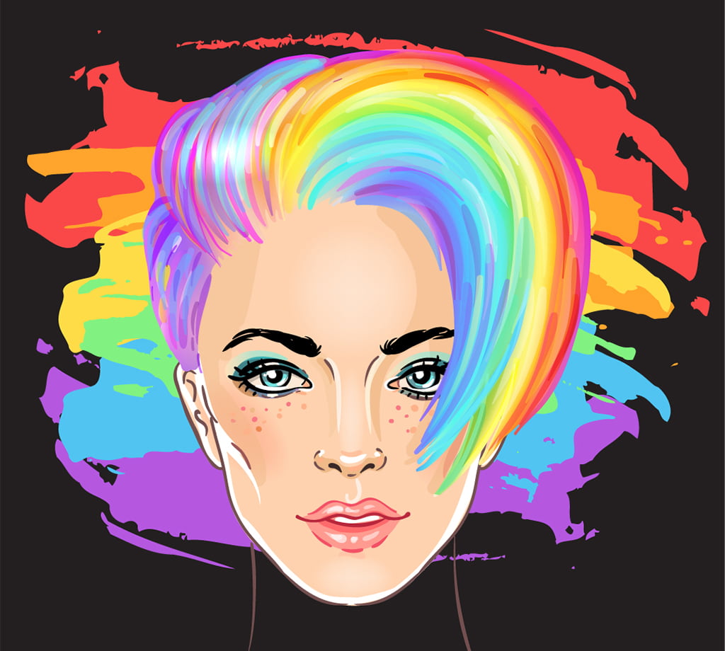 How Can You Overcome And Cope With Loneliness As A Queer Person? Abstract Illustration Of An LGBTQ Woman With Her Hair The Color Of The Pride Rainbow Against A Black Backdrop Also Painted With The LGBTQ Pride Colors