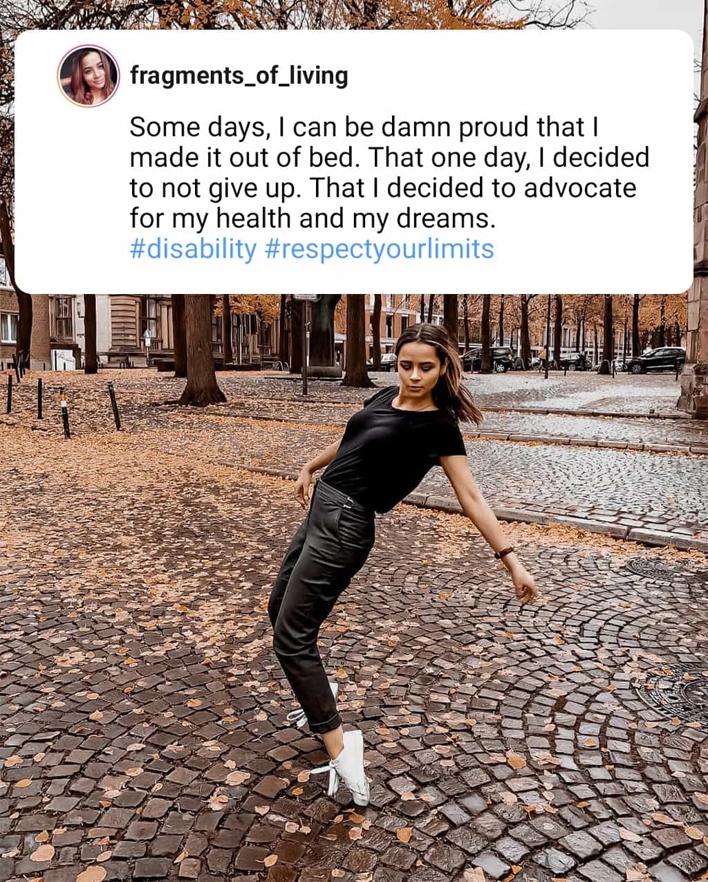 instagram post of fragments of living embracing her disability and being proud of her accomplishments despite them