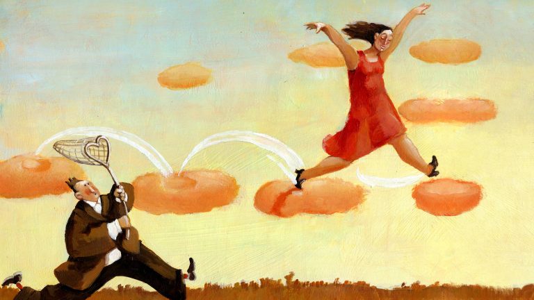 Whimsical Illustration Of A Woman Jumping On Clouds While A Man With A Heart Shaped Net Tries To Catch Her Signifying Romantic Self-Sabotage