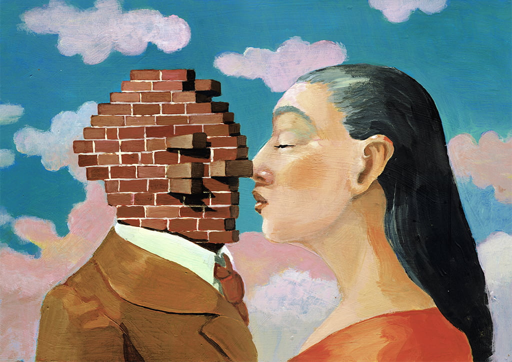 illustration of woman puckering her lips to kiss an wall version of a man, signifying how we sabotage our relationships through stonewalling