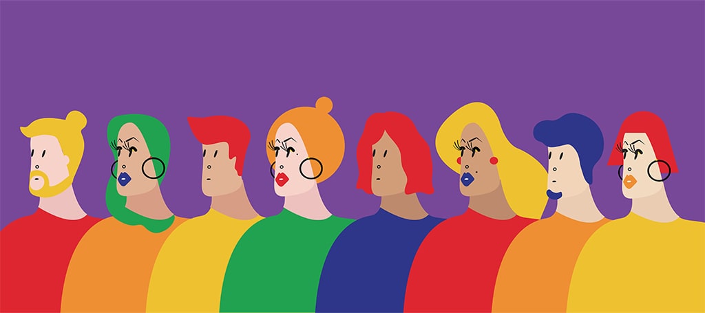 Multi-Colored Illustration With Eight People Of Varied Gender Presentations Standing Shoulder-To-Shoulder Against A Purple Background