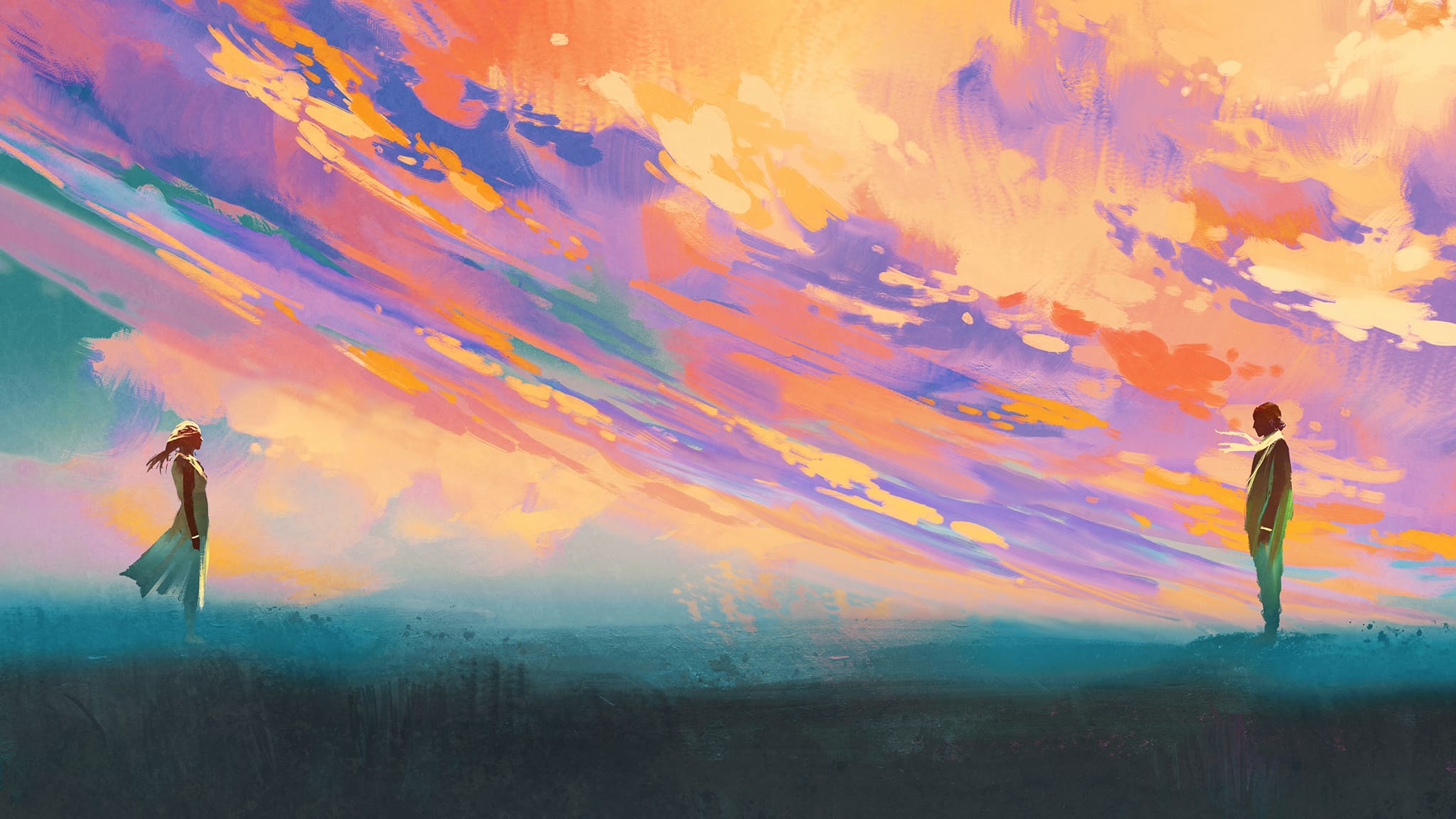How I Repaired My Lonely Sexless Marriage With Raw Honesty Watercolor Illustration Of A Couple Standing On Opposite Sides Of A Field Looking At Eachother With a Bright Sky Background Signifying A Sexless Relationship