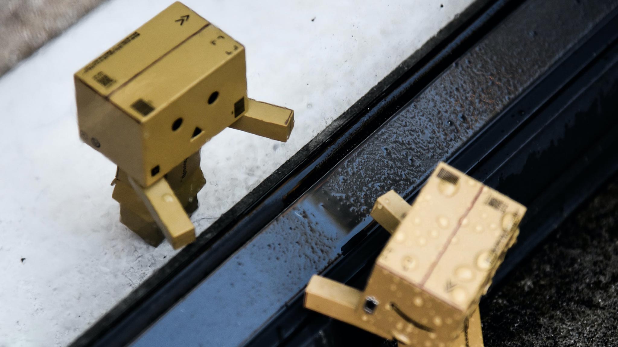 Macro Photograph Of Two Tiny Cardboard Box Robots Reaching For One Another With Barrier Between Them