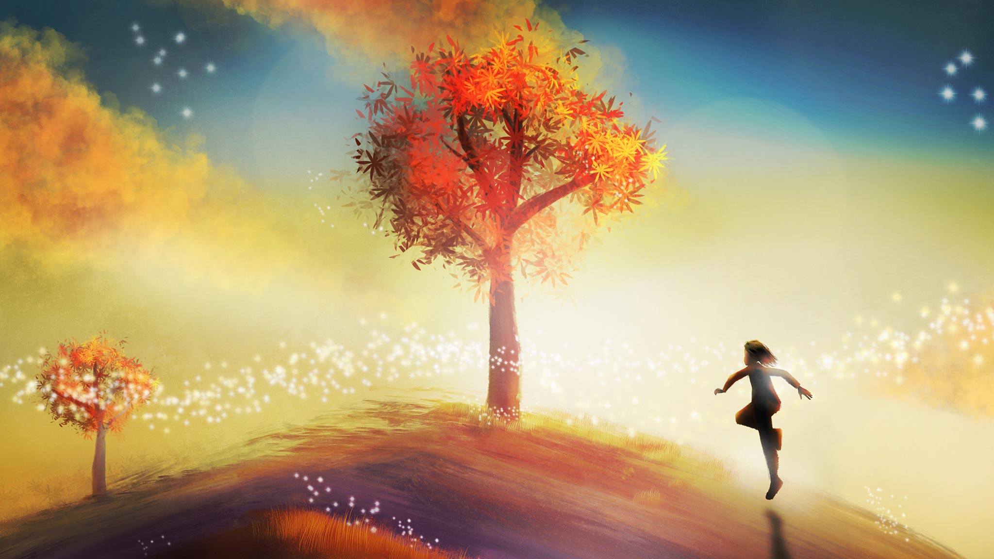 Digital Painting Of Young Person Running Toward Autumn Tree At Sunrise, Hope Concept