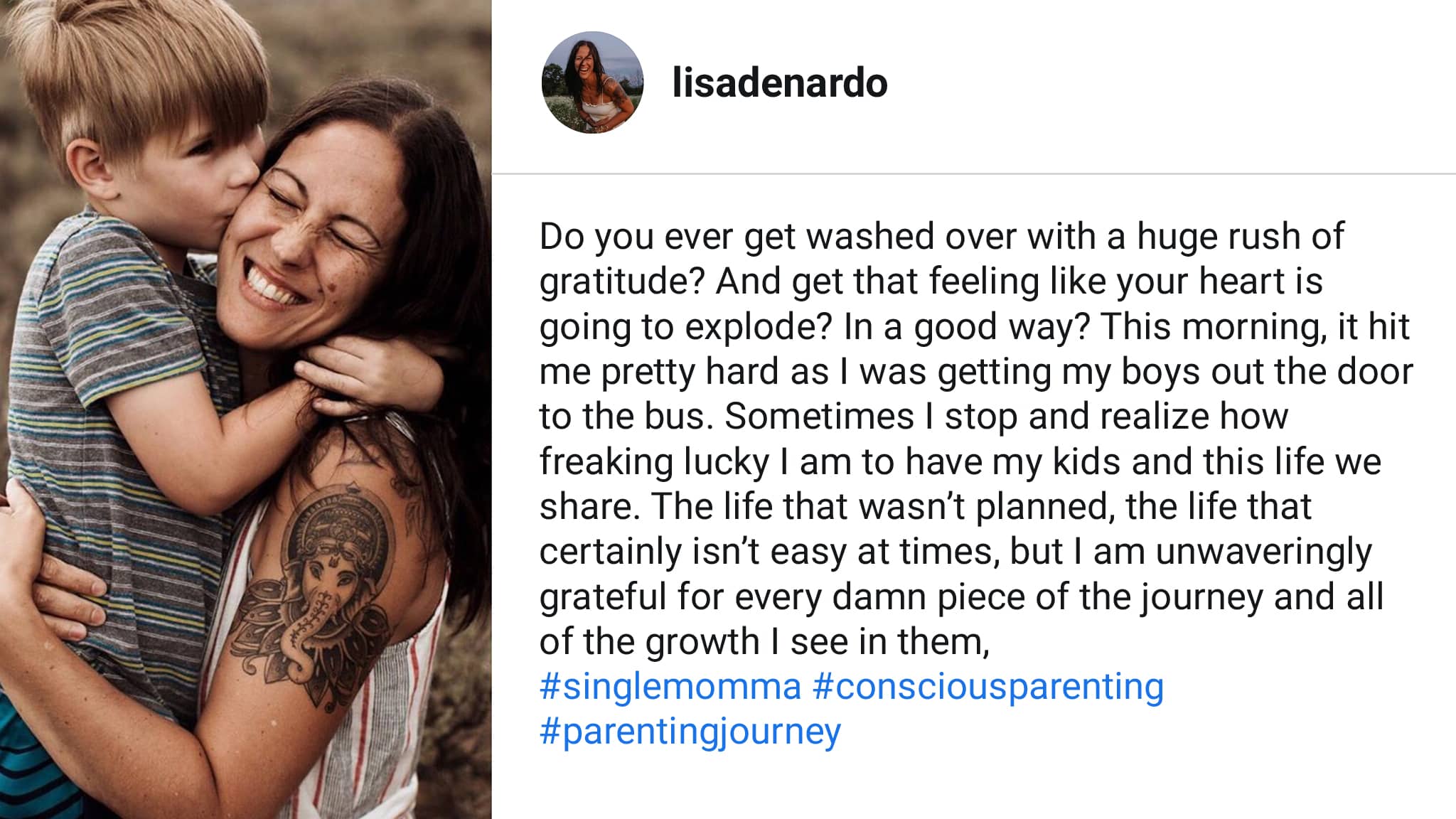 Instagram Post Of A Mother Happily Embracing Her Son With An Explanation Of How Grateful She Feels To Be A Mother Even In The Difficult Times