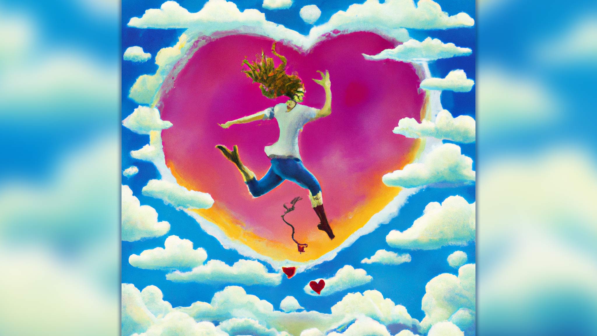 Rear View Abstract Painting Of Happy Carefree Woman Leaping Into Bright Pink Heart Surrounded By Sky And Clouds, Avoiding The Blues Concept