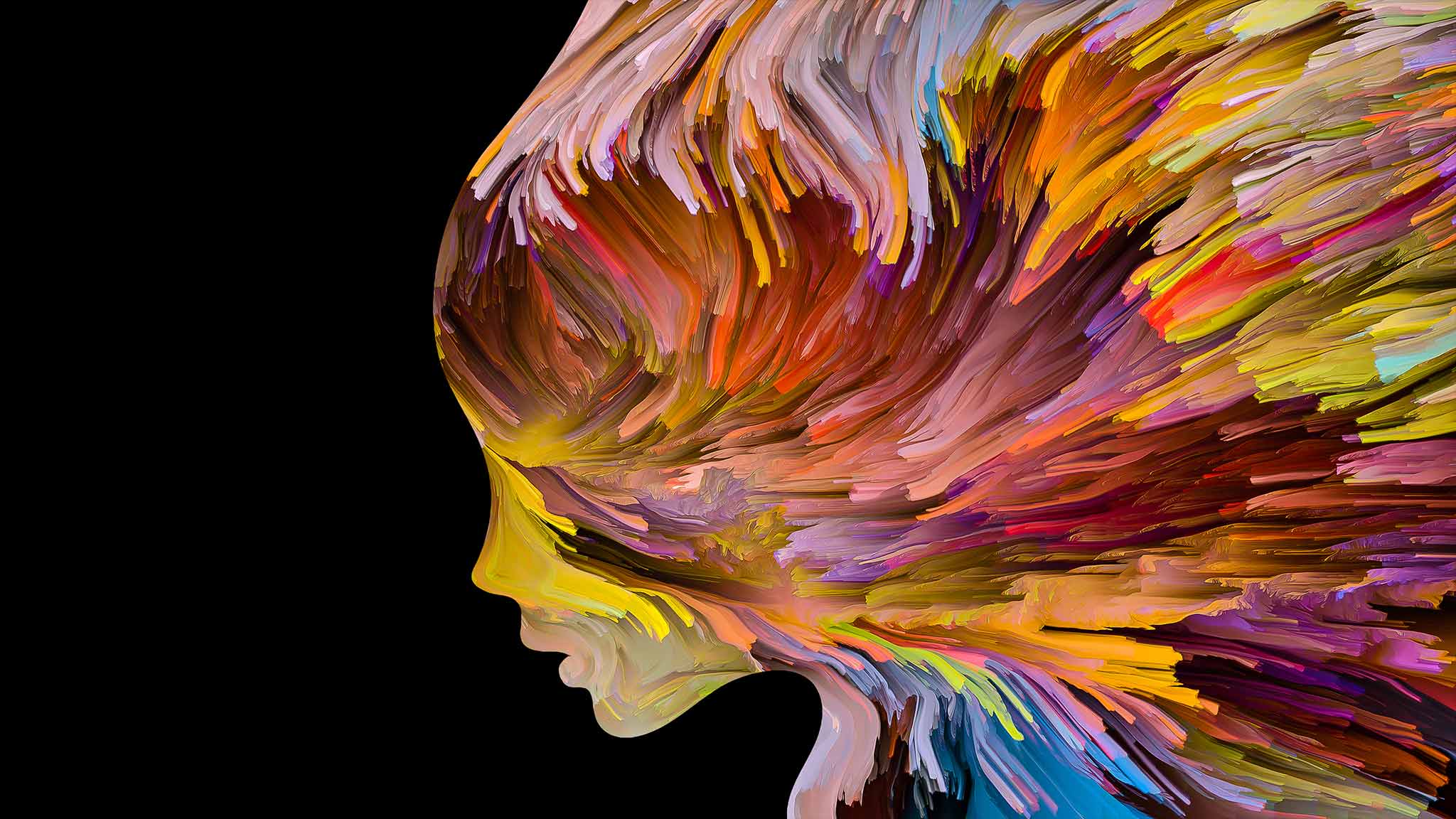Abstract Silhouette Of Woman's Face Depicted Through Colorful Paint Strokes In Motion To Convey Inner Reflection And Turmoil
