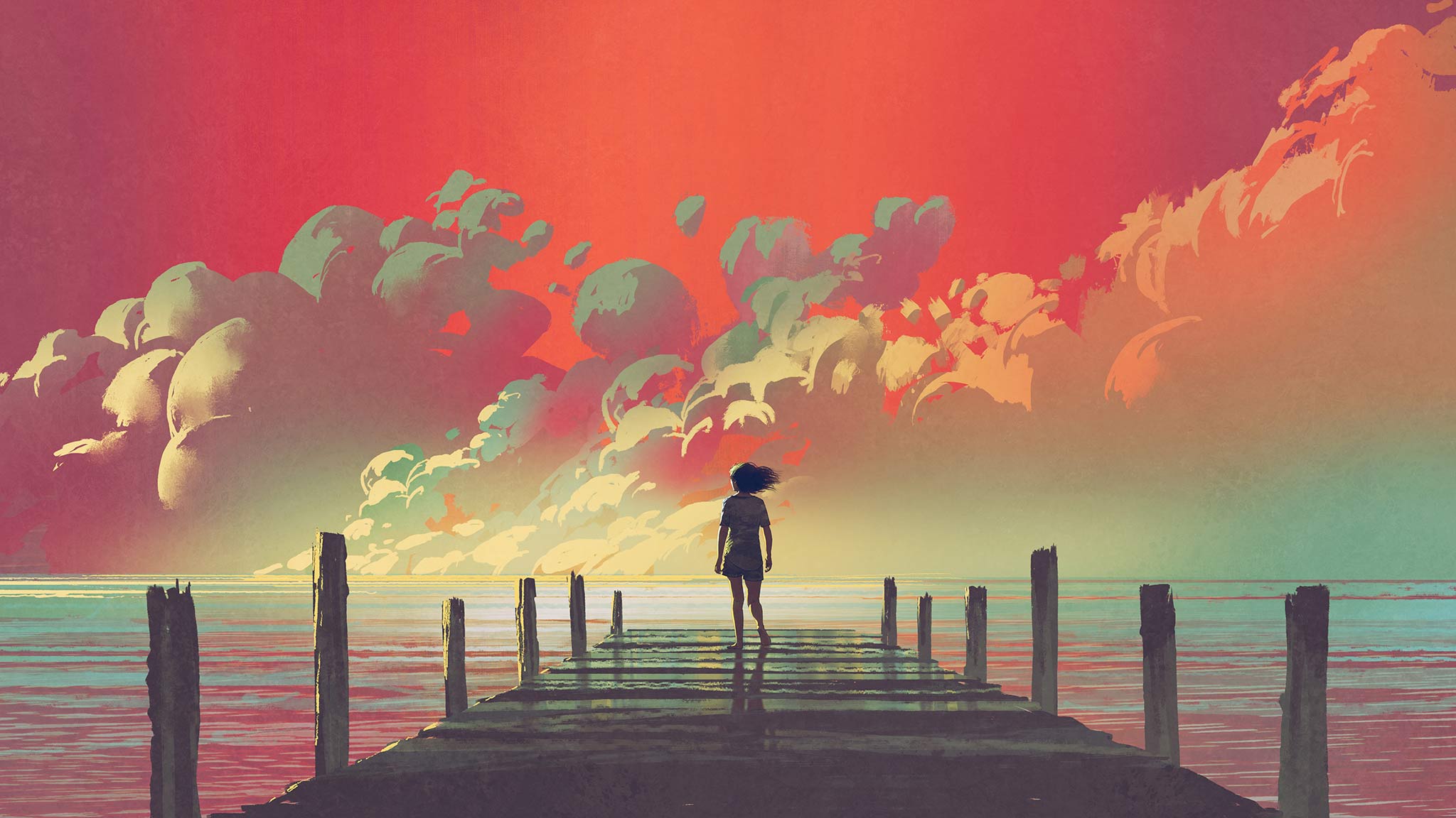 Painting Of Young Woman Standing Alone On The Edge Of A Dock During Sunset