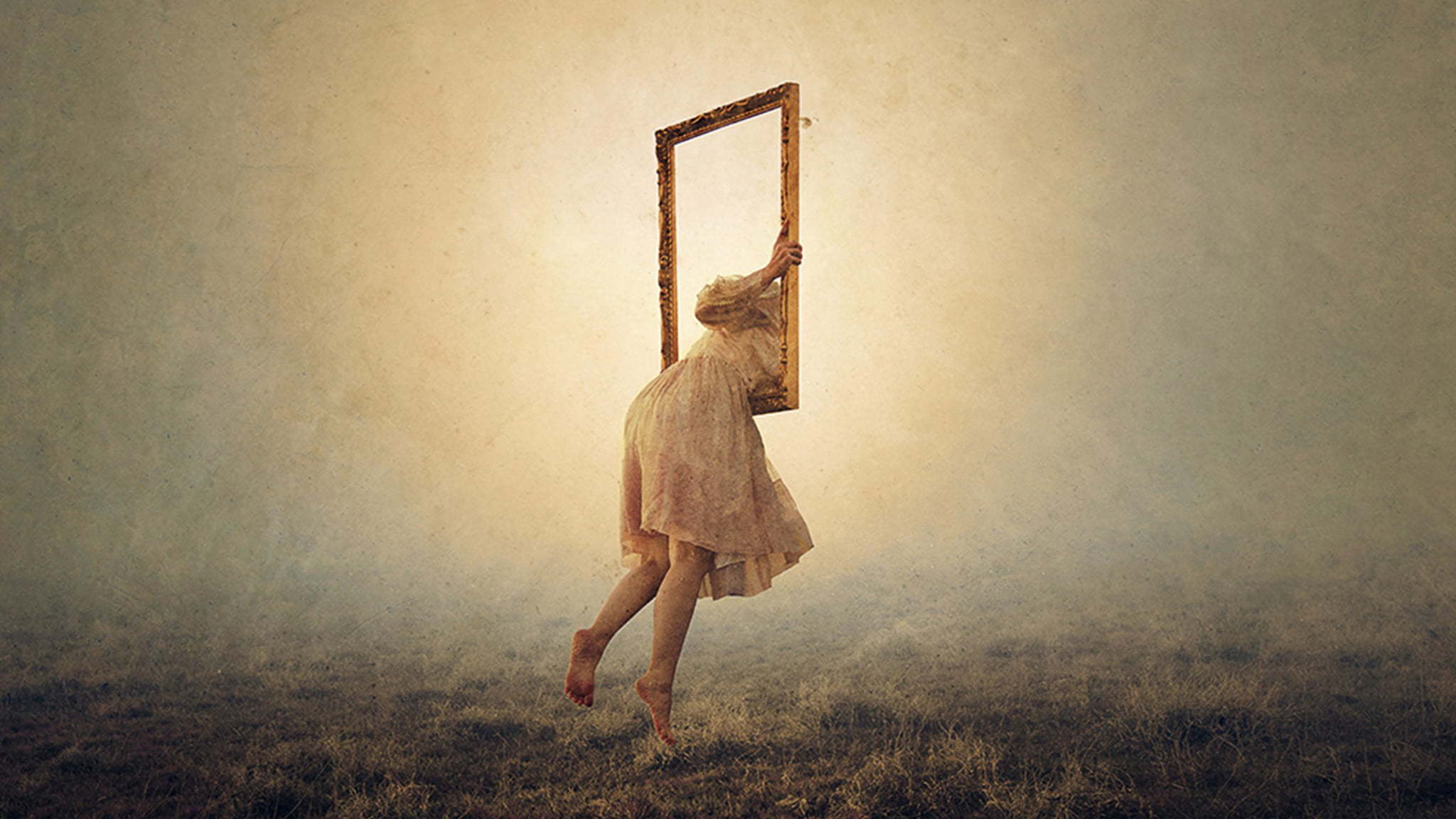 Spiritual Loneliness & Awakening A Woman In A Light Colored Dress Climbing Into A Window To The Unknown