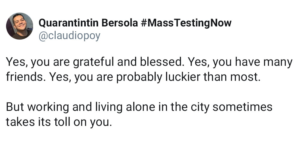 Social Media Post About Being Grateful To Live In The City But Acknowledging That City Living And Working Alone Can Take Its Toll