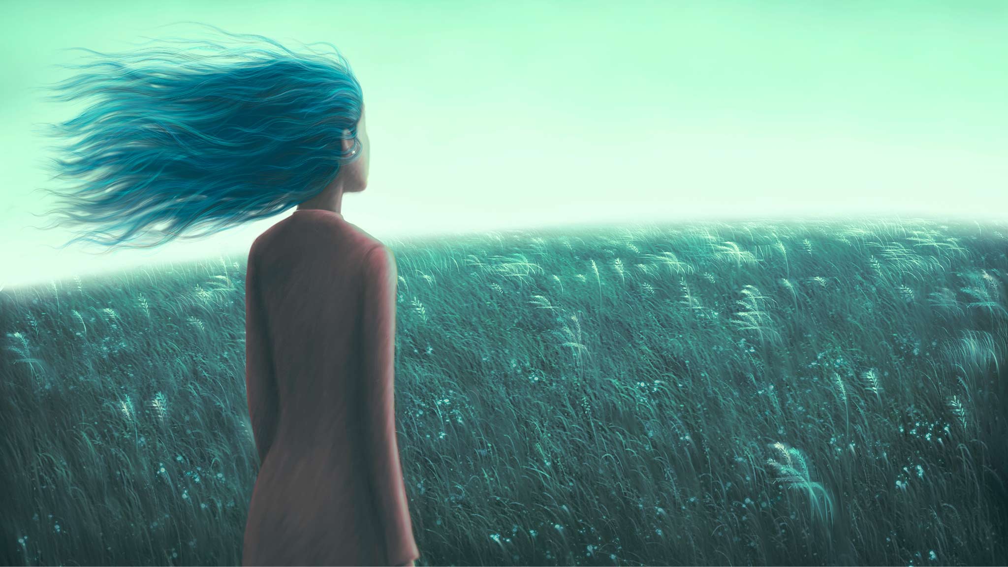 Digital Painting Of Young Woman Looking Across Grassy Field Toward Horizon, Hope Concept