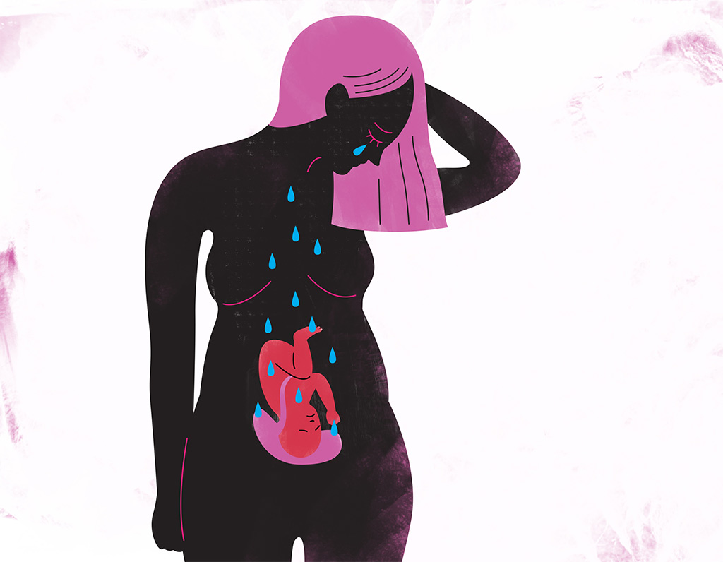 illustration of a woman crying tears that are entering her womb, showcasing a risk with pregnancy loneliness in affecting the baby