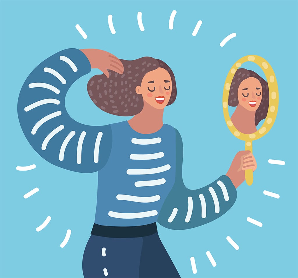 Illustration Of Person With Long Hair Looking At Themselves In A Yellow Handheld Mirror