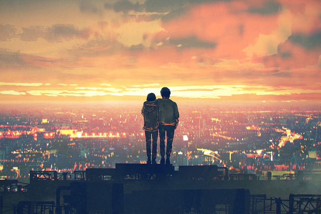 Illustration Of A Couple Standing On Top Of A Building With Their Arms Around Each Other Overlooking A City