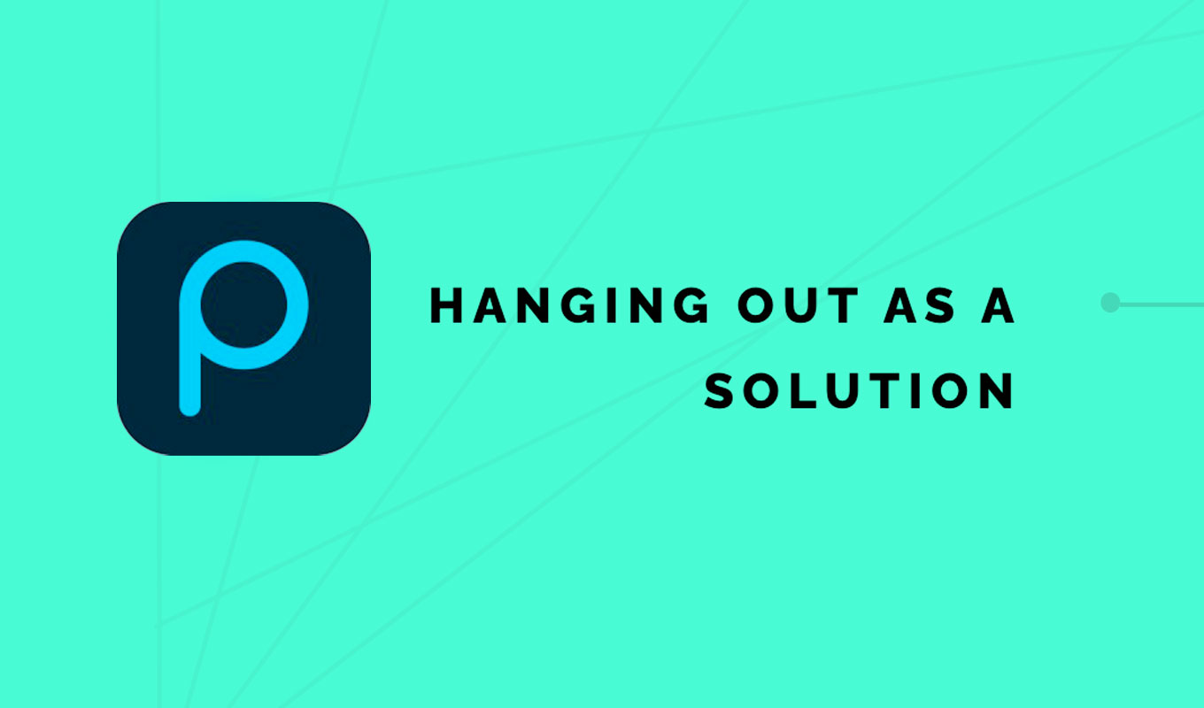 pueblo app logo against a bright sea green background with text that reads: hanging out as a solution