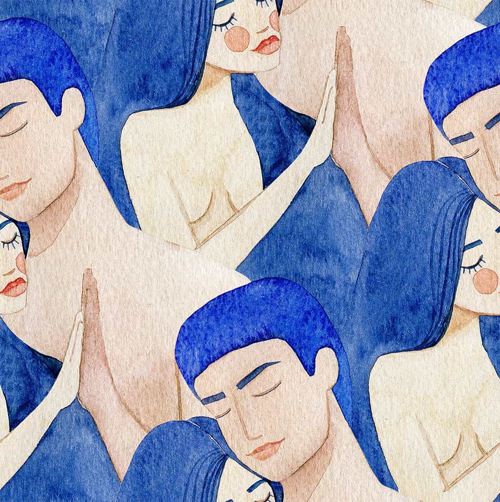 Spliced Watercolor Illustration Of A Couple With Their Bodies Close Together Touching Hands And Eyes Closed