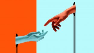 Abstract Dual-Toned Surreal Photo Of Blue Hand Reaching For Orange Hand, Help Concept