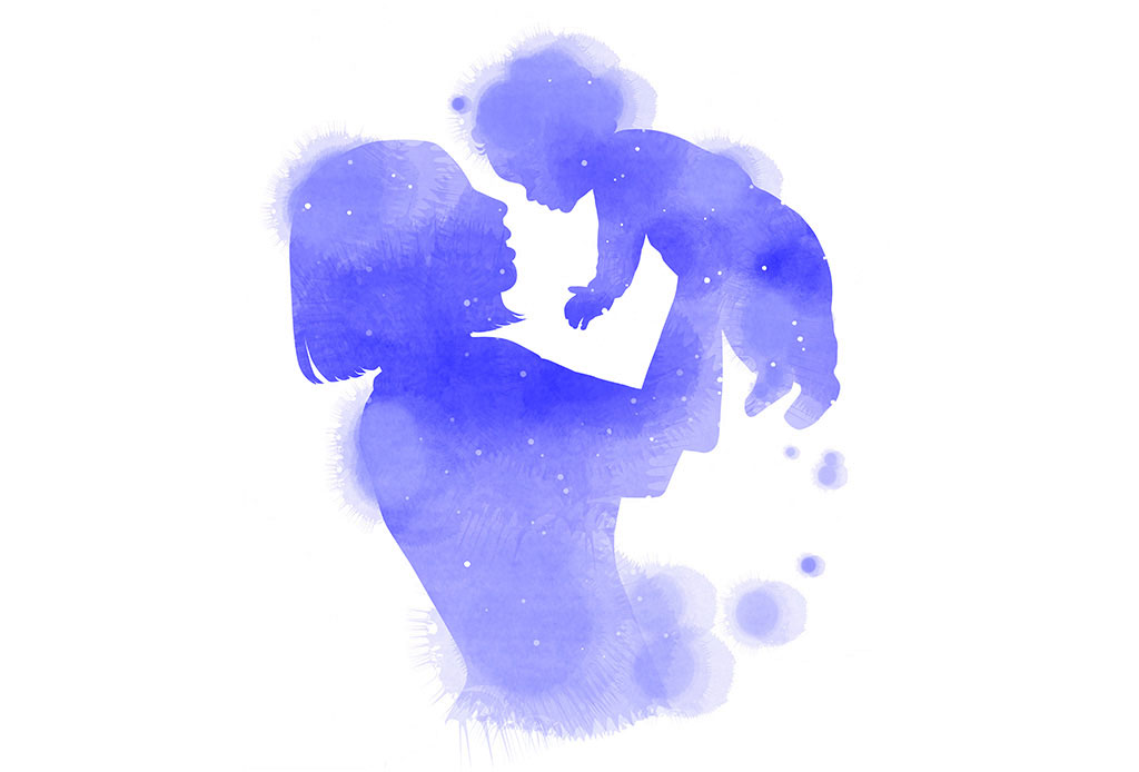 Illustrated Watercolor Silhouette Of Woman Holding Baby In Violet Blue Hue
