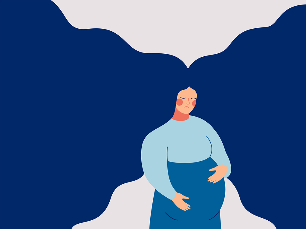 Vector Illustration Of Pregnant Woman Resting Her Hands On Her Belly, Sadness Concept