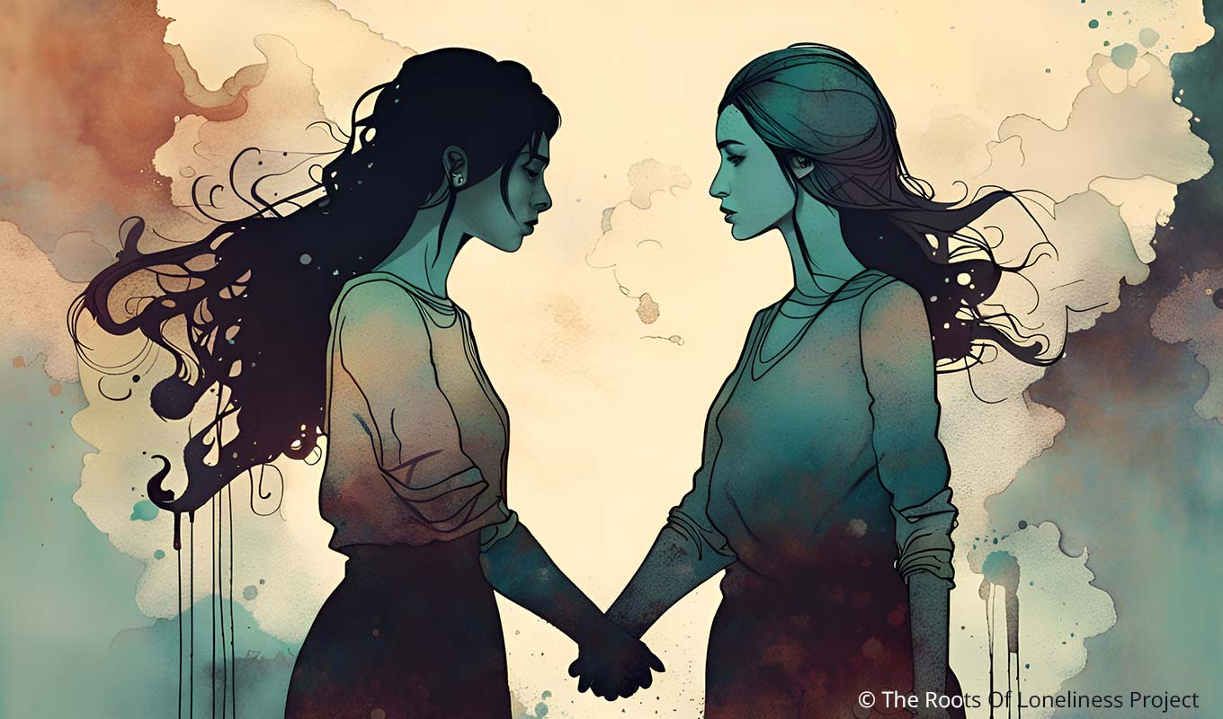 inky illustration of two women holding hands while looking toward one another with longing, as though they're not getting everything they need from their sexual relationship, sexual frustration and loneliness concept