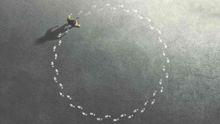 Illustration Featuring Aerial View Of Man Walking Along A Circular Path Of His Own Footprints