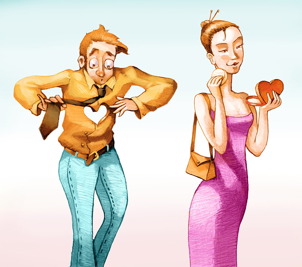 Whimsical Illustration Of A Woman Holding A Heart Shaped Makeup Mirror Looking Into It And Touching Up Her Makeup, And A Man Behind Her With A Heart-Shaped Hole In His Chest In Disbelief